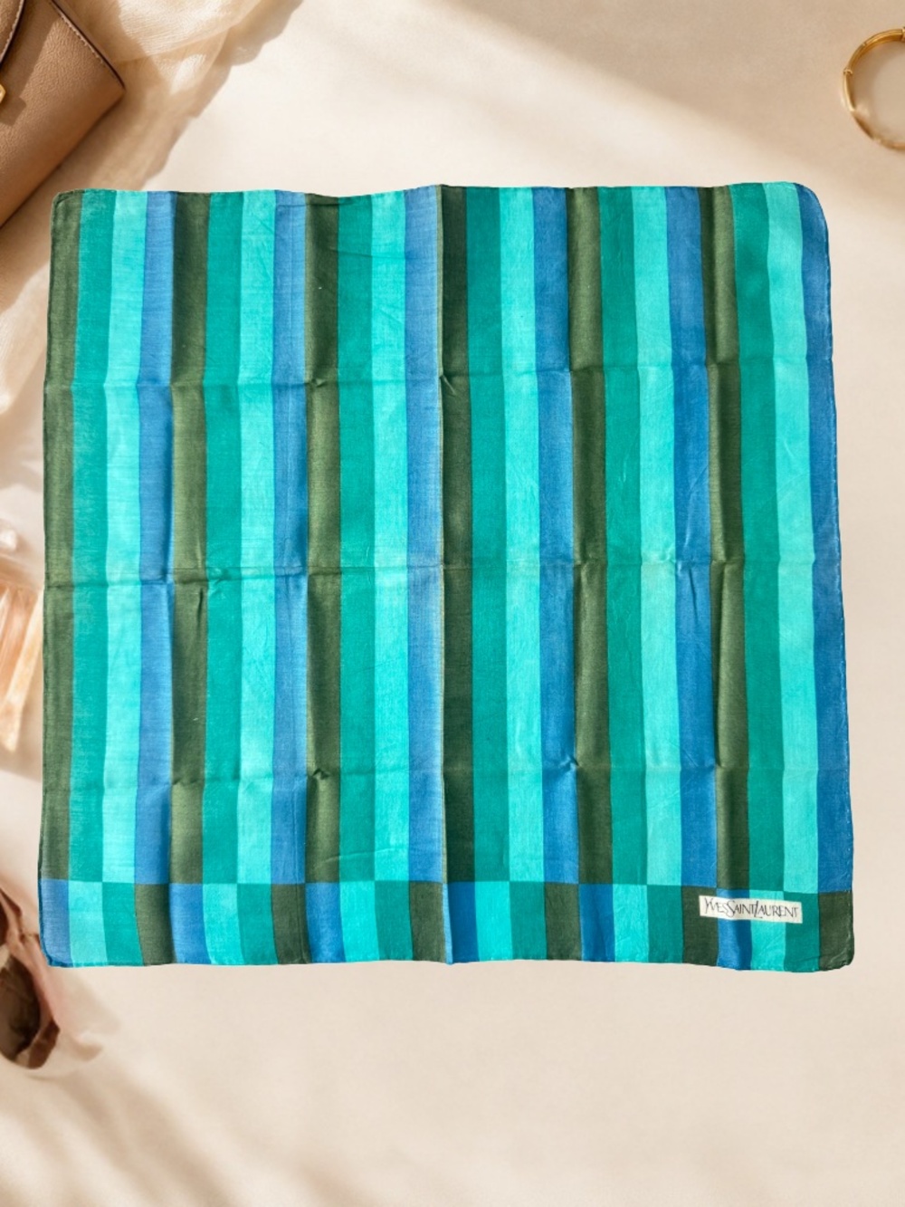 Vintage Yves Saint Laurent Green Handkerchief Geometric Scarf Neckerchief 17.5"
